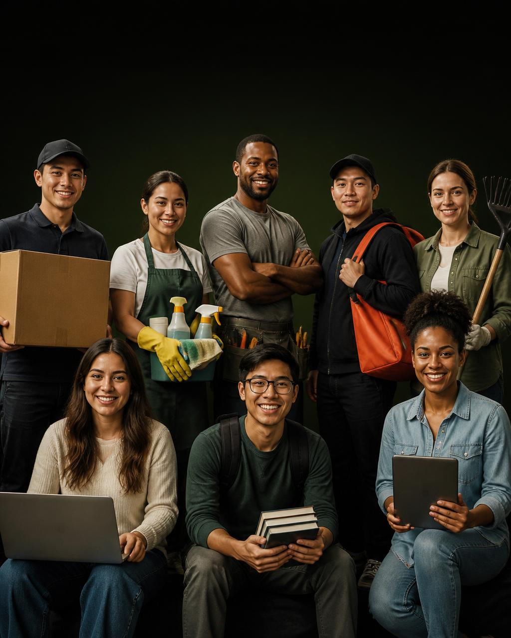 Diverse people ready to take on local opportunities — moving, cleaning, handyman, delivery, yard work, office, students, and freelancers.